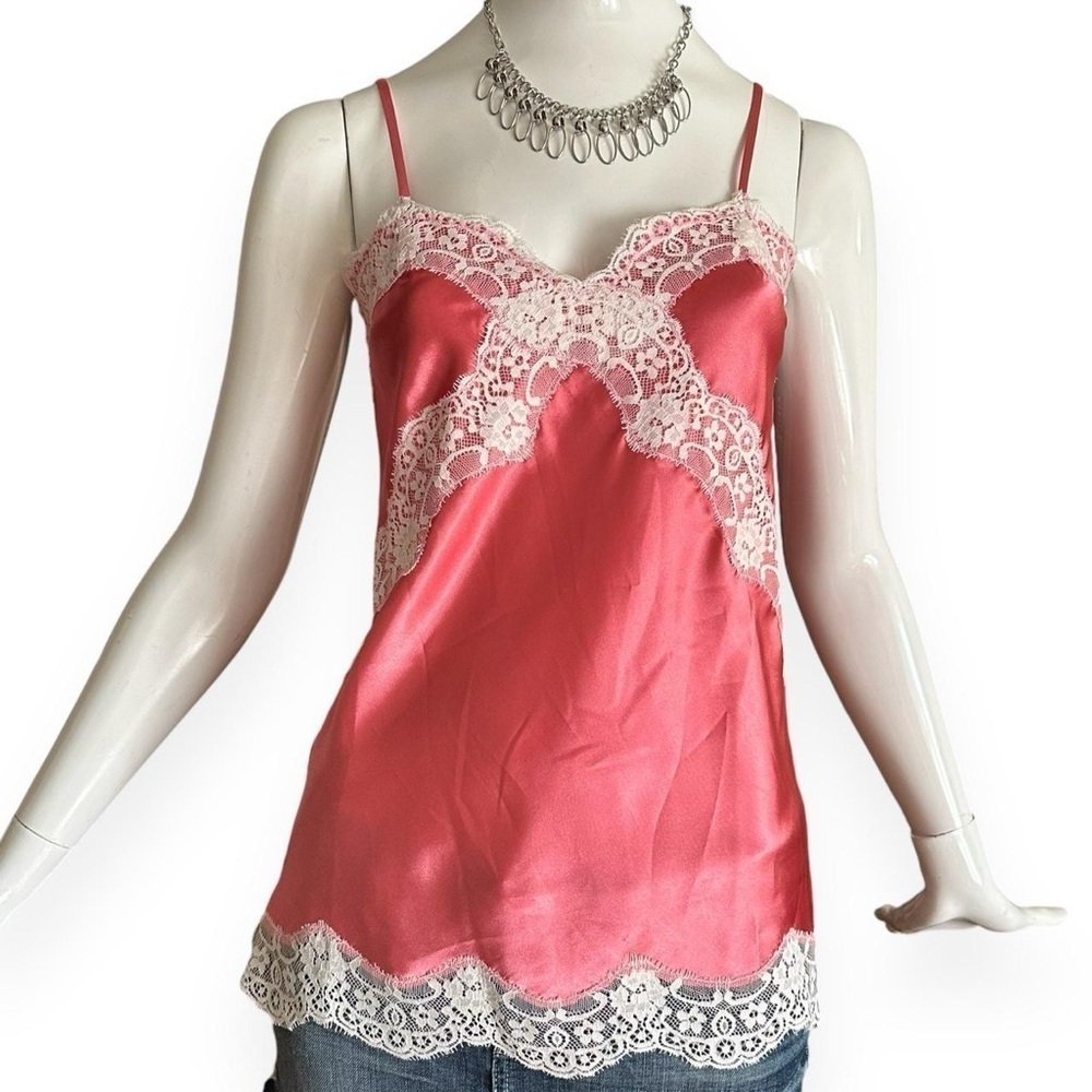 Y2K Tristan Pink Satin Cami V-Neck Lace Trim Top Size XS